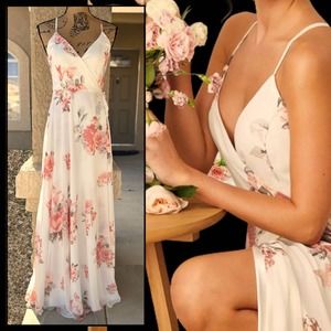 LuLus Cream Floral Wrap Elegantly Inclined  Maxi Dress Size S NWT